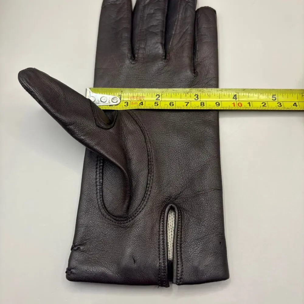 VTG Leather Gloves Sz 7 Brown Knit Fabric‎ Lined Unbranded Braided Embellished